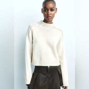 Zara Cream Pronounced Seam Mock Neck Sweater Sz S